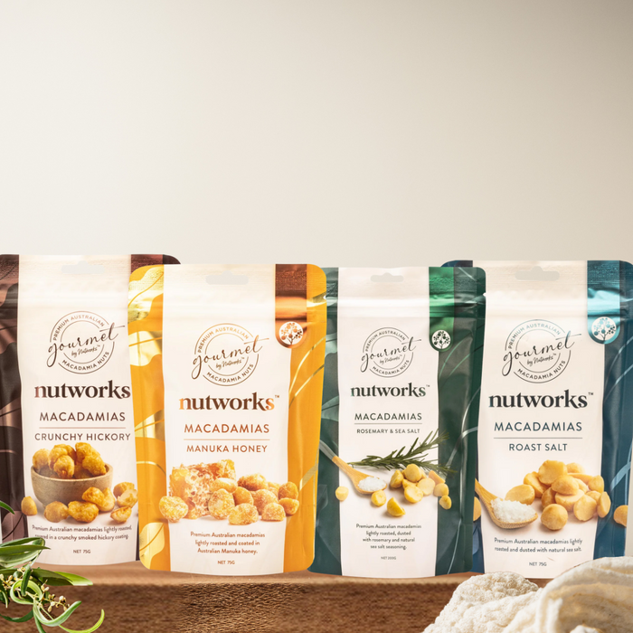 4-pack of Australian macadamias – hickory, salted, honey, and rosemary flavours