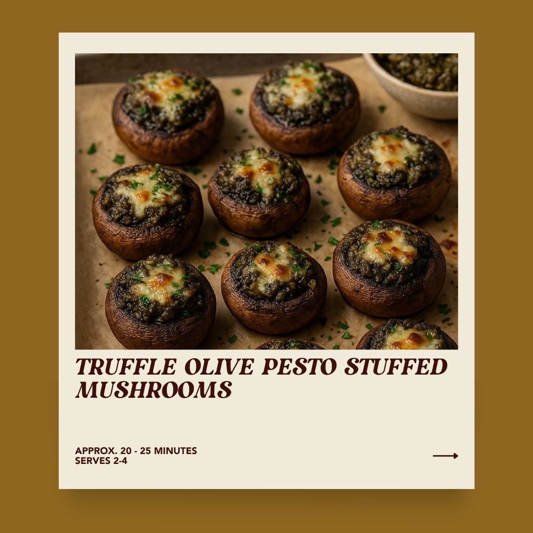 Truffle Olive Pesto Stuffed Mushrooms