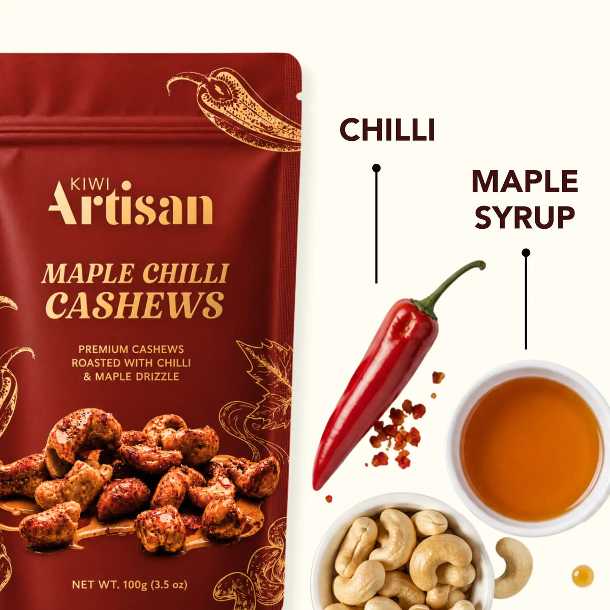 Kiwi Artisan Maple Chilli Cashews in a red resealable pouch, shown beside labeled ingredients: a red chili pepper, maple syrup in a bowl, and cashews on a white background.