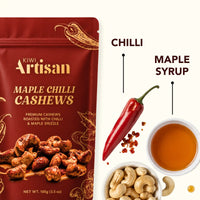 Kiwi Artisan Maple Chilli Cashews in a red resealable pouch, shown beside labeled ingredients: a red chili pepper, maple syrup in a bowl, and cashews on a white background.