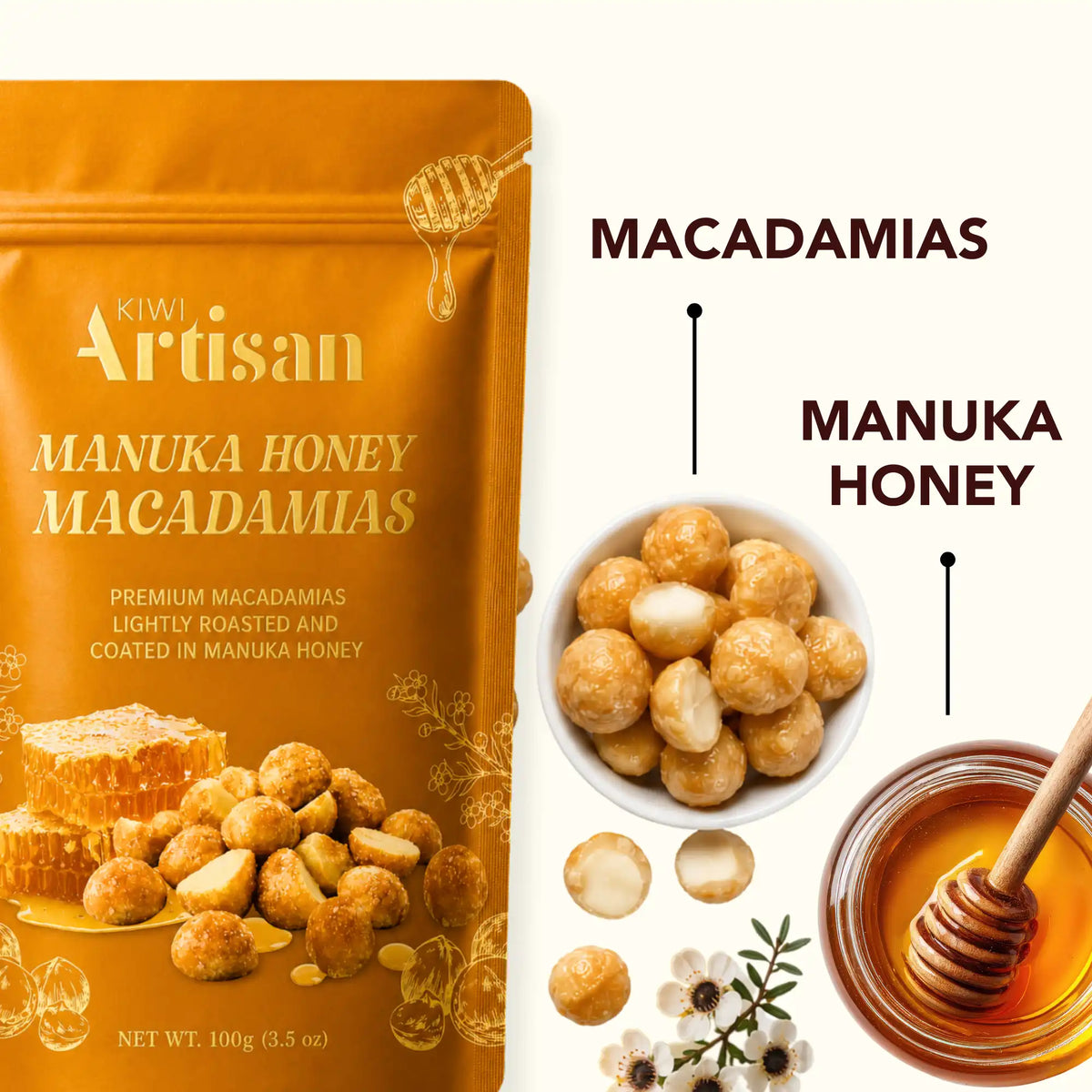 Kiwi Artisan Manuka Honey Macadamias packaging shown next to a bowl of golden-brown macadamias, loose nut pieces, and a jar of manuka honey on a light cream background with text labels.
