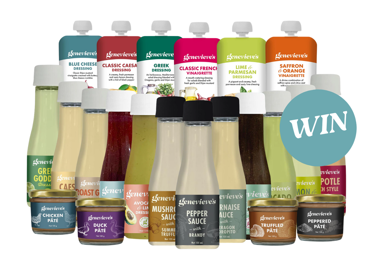 A collection of Lone Peak Creamery condiment bottles arranged in rows on a white background, with a large teal circular badge reading 'WIN' on the right. The assortment includes dressings, sauces, pepper sauce, and pâtés.