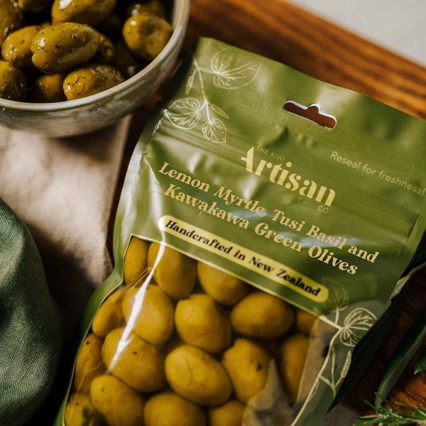 Green Olives Infused with Lemon Myrtle, Tusi Basil, Kawakawa & Premium Olive Oil – Native Herb Blend