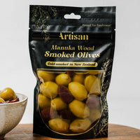 Manuka smoked olives infused with olive oil