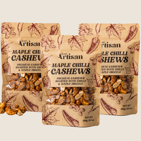 Three-pack of Maple Chilli Cashews – sweet and spicy snack trio