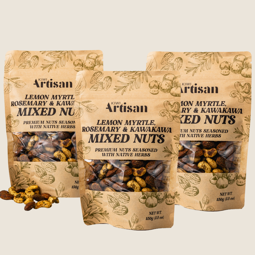 Three-pack of Native Herb Mixed Nuts – handcrafted blend with lemon myrtle, rosemary, and Kawakawa