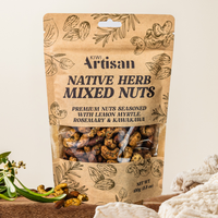 Packaged Kiwi Artisan Native Herb Mixed Nuts on a neutral background