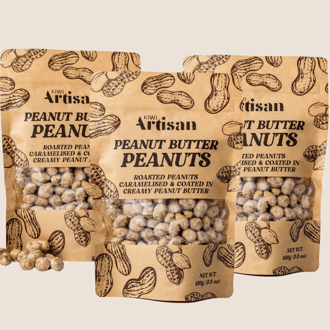 Three-pack of Peanut Butter Peanuts – golden roasted and caramelized with real peanut butter