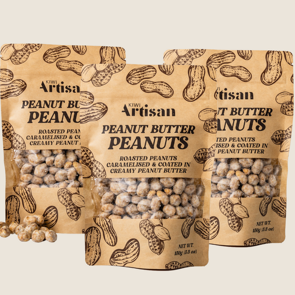 Three-pack of Peanut Butter Peanuts – golden roasted and caramelized with real peanut butter