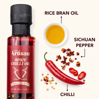 Spicy Chilli Oil bottle with ingredients labeled on a white background