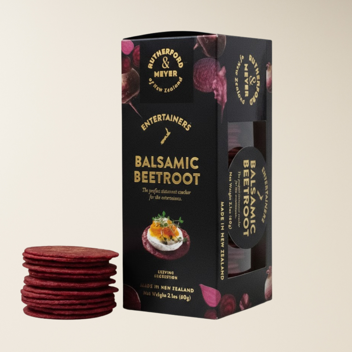 Packaging of Rutherford & Meyer Balsamic Beetroot crackers on a beige background