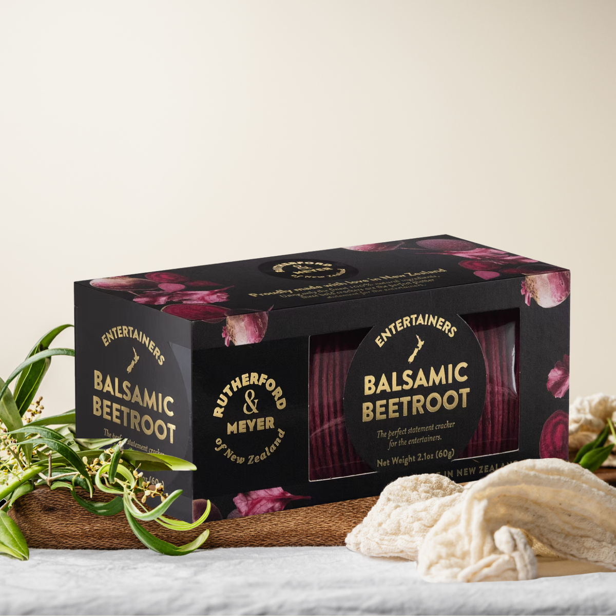 Box of Rutherford & Meyer Balsamic Beetroot on a decorative background with leaves.