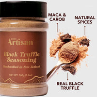 Kiwi Artisan Black Truffle Seasoning jar with ingredients listed on a white background
