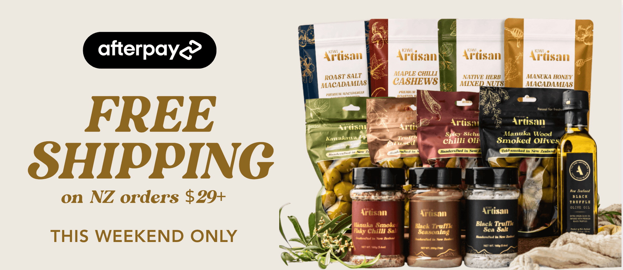 Promotional banner for Artisan gourmet food products, featuring a selection of packaged snacks, chilis, cheeses, and olive oil with an Afterpay logo and text offering free shipping on NZ orders $29+.