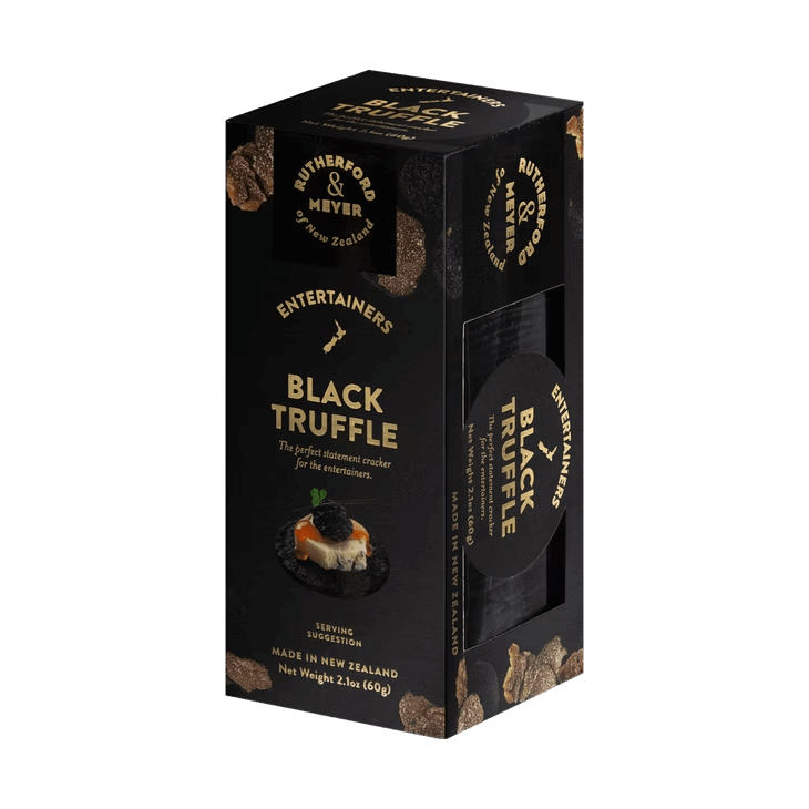 Black truffle packaging with gold text on a white background