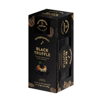 Black truffle packaging with gold text on a white background