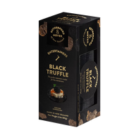 Black truffle packaging with gold text on a white background