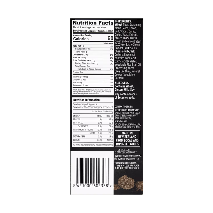 Truffle cracker Nutrition facts label and ingredients list on a black background