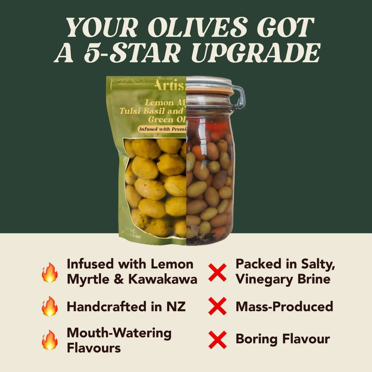 Jar and packaging of Artis olives with promotional text on a green background