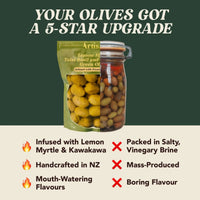 Jar and packaging of Artis olives with promotional text on a green background