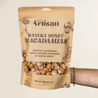 Kiwi Artisan Manuka Honey Macadamias on a beige background