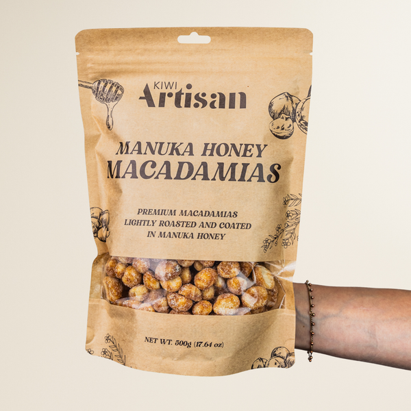 Kiwi Artisan Manuka Honey Macadamias on a beige background