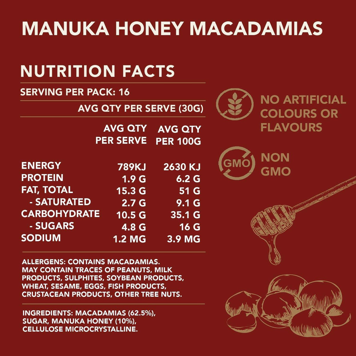 Nutrition facts label for Manuka Honey Macadamias on a red background