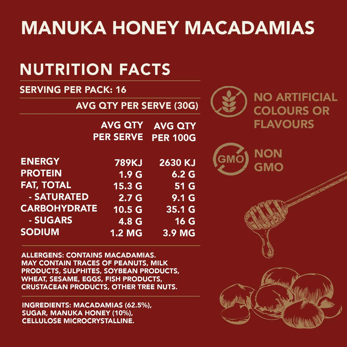 Nutrition facts label for Manuka Honey Macadamias on a red background