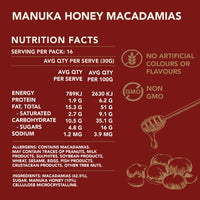 Nutrition facts label for Manuka Honey Macadamias on a red background
