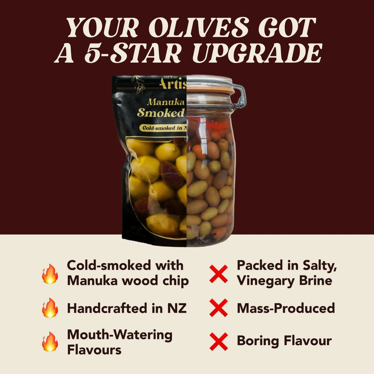 Jar of Aris Manuka Smoked Olives with promotional text on a brown background