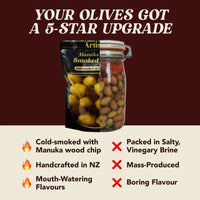 Jar of Aris Manuka Smoked Olives with promotional text on a brown background