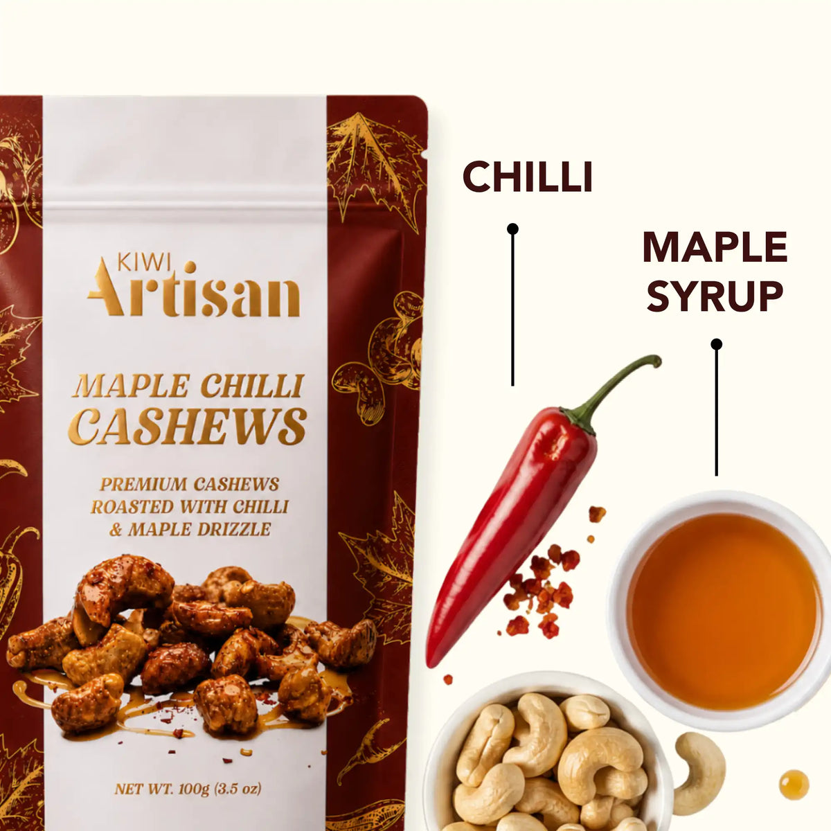 Kiwi Artisan Maple Chilli Cashews packaging with cashews, chili, and maple syrup on a white background