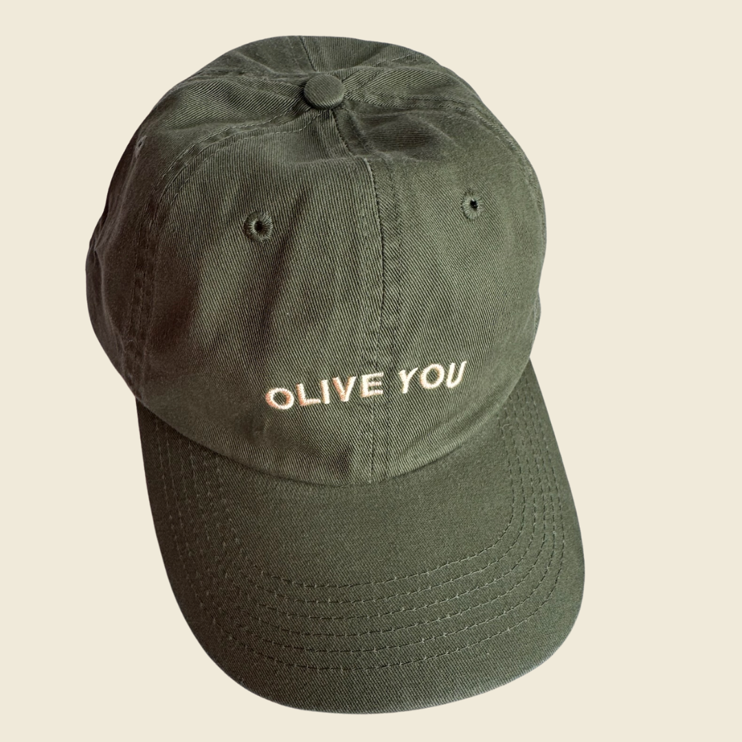 Green Cap with 'Olive You' Print 